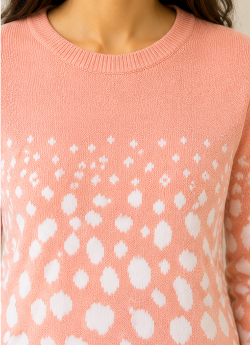 JDD Soft Knit Women's Crew Neck Sweater - ( POLKA ) PEACH