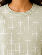 JDD Soft Knit Women's Crew Neck Sweater ( CROSS ) -PEACH / SAGE GREEN